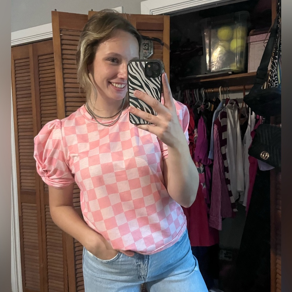 Pink checkered blouse, small, has signs of wear